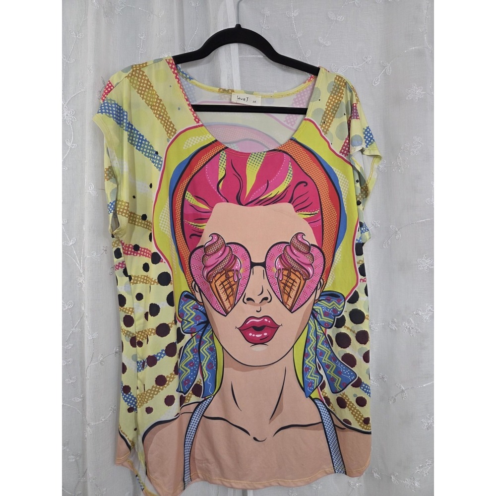 Love J Retro Tunic Short Sleeve Shirt Girl Ice Cream 1XL Colorful Comic Pop